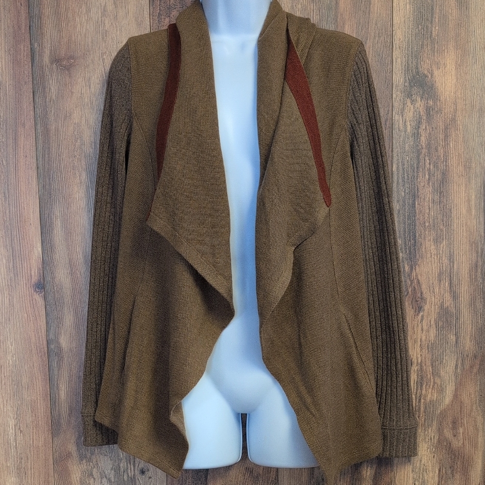 Mystree Brown and Rust Open Front Hoodie Cardigan Sweater S           R236